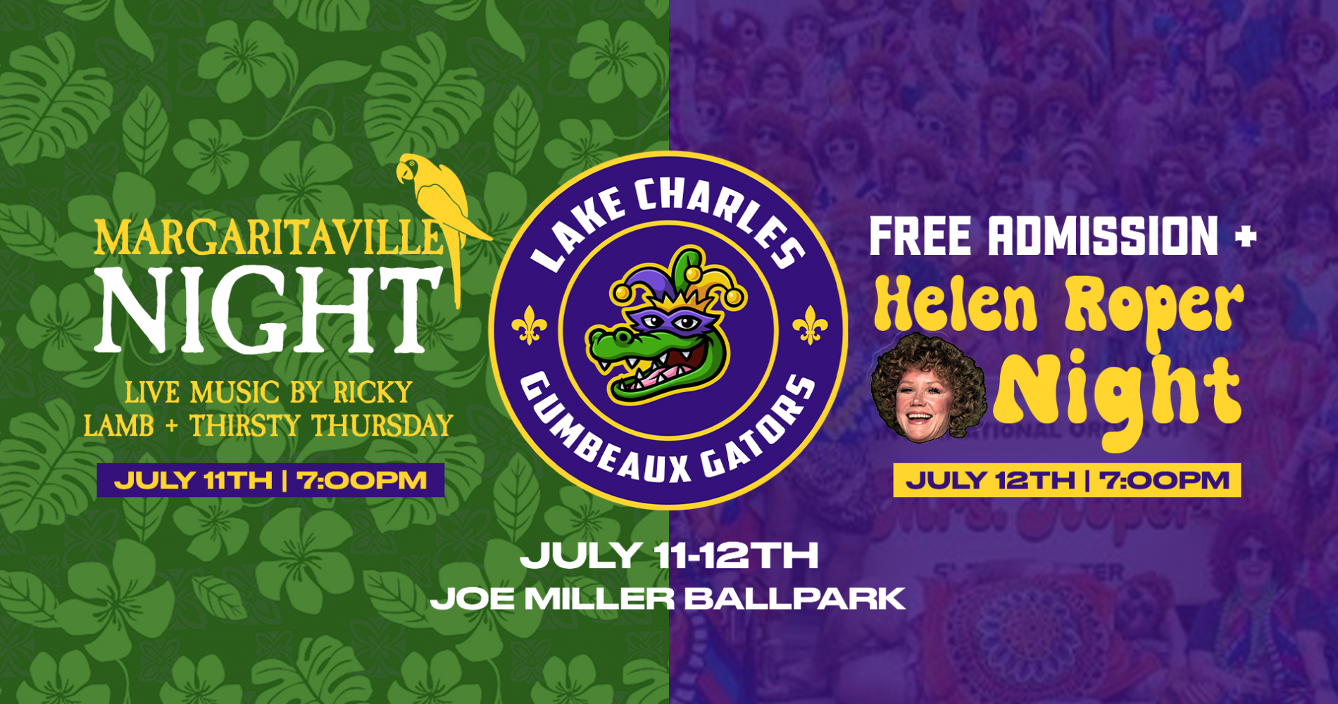 Margaritaville Night, FREE Admission, & Helen Roper Night headline the upcoming homestand on July 11-12th